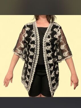 Black Sheer Embroidered Kimono with White Floral Lace